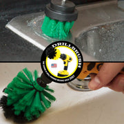 Action shots of a Medium Green 2 inch brush cleaning around a sink and a Medium Green Mini Drillbrush cleaning a sink.