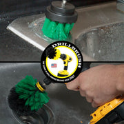 Action shots of a Medium Green 2 inch brush cleaning around a sink and a Medium Green Original Drillbrush cleaning a sink drain.