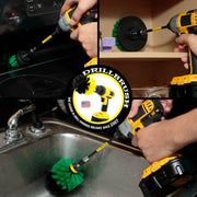 Action shots of a Medium Green Original Drillbrush in a 5 inch extension cleaning inside a sink, a Medium Green 2 inch Short Drillbrush in a 5 inch extension cleaning under the stove console, and a Medium Green 4 inch Drillbrush in a 5 inch extension cleaning inside a cabinet.