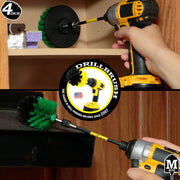 Action shots of a Medium Green Mini Drillbrush in a 5 inch extension cleaning a range hood and a Medium Green 4 inch Drillbrush in a 5 inch extension cleaning the back of a kitchen cabinet.