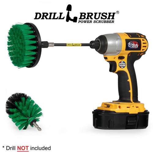 Drillbrush 4M Medium Green Kitchen Brush Kit with a 4 inch brush in a 5 inch extension in a cordless drill.