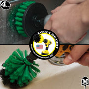 Action shots of a Medium Green Mini Drillbrush cleaning around a sink and a Medium Green 4 inch Drillbrush cleaning the wall of a sink.