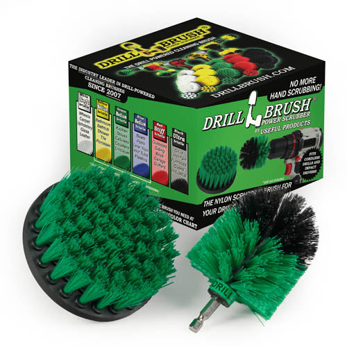 The Drillbrush 4M Medium Green Kitchen Brush Kit in the blister pack it comes in.