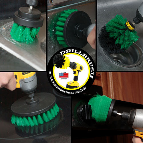 Action images of a Medium Green 2 inch Short, 4 inch Flat, and Original brush cleaning a sink, a 5 inch Flat Drillbrush scrubbing a stovetop, and a Medium Green Cone-shaped corner brush scrubbing a stove hood.