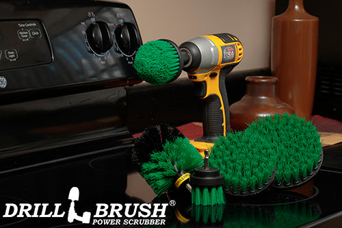 Medium Green Drillbrush 542CO kit with a cordless drill on a stovetop in a kitchen.