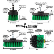 Technical specs and dimensions for the Medium Green 2 inch Short Detail, 4 inch Flat, 5 inch Flat, and Original Corner brushes.