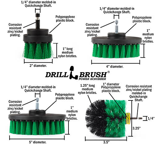 Technical specs and dimensions for the Medium Green 2 inch Short Detail, 4 inch Flat, 5 inch Flat, and Original Corner brushes.
