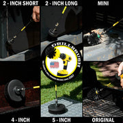 Action shots of an Ultra Stiff Black Original Drillbrush in a 7 inch extension cleaning grill grates, Ultra Stiff Black 2 inch Short and Long brushes in 7 inch extensions cleaning the base of a grill, an Ultra Stiff Black Mini Drillbrush in a 7 inch extension cleaning in a grill cabinet, an Ultra Stiff Black 4 inch Drillbrush in a 7 inch extension cleaning the hood of a grill, and an Ultra Stiff Black 5 inch Drillbrush in a 7 inch extension cleaning diamond plating.