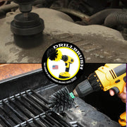 Action shots of an Ultra Stiff Black 2 inch Drillbrush cleaning an engine block and an Ultra Stiff Black Mini Drillbrush cleaning a grill grate.