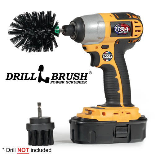Drillbrush 2M Ultra Stiff Black Grill & Industrial Brush Kit with a Mini brush in a cordless drill.