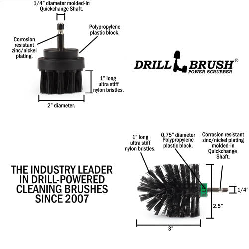 Specs for the Drillbrush 2M Ultra Stiff Black Grill & Industrial Brush Kit.