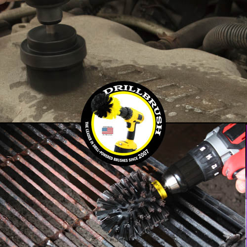Action shots of an Ultra Stiff Black 2 inch Drillbrush cleaning an engine block and an Ultra Stiff Black Original Drillbrush cleaning a grill grate.