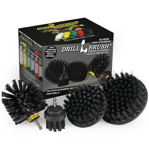 The Drillbrush 542O Ultra Stiff Black Grill & Industrial Brush Kit in front of the box it comes in.
