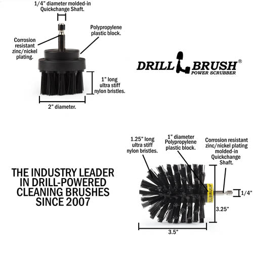 Specs for the Drillbrush 2O Ultra Stiff Black Grill & Industrial Brush Kit.