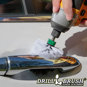 Drillbrush Mini Soft White Home & Auto Brush cleaning a car door handle.