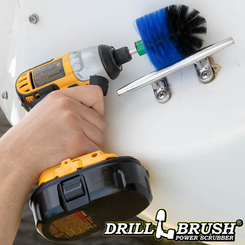Drillbrush Mini Medium Blue Marine & Pool Brush cleaning a handle.