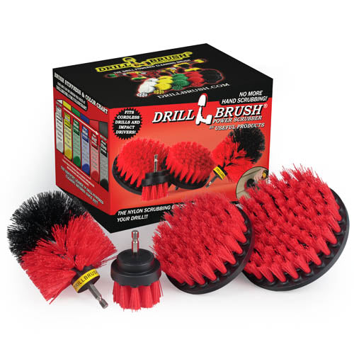 The Drillbrush 542O Red Stiff Outdoor & Patio Brush Kit in front of the box it comes in.