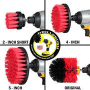 Images of the Drillbrush 2 inch Short, 4 inch, 5 inch and Original Stiff Red Outdoor & Patio Brushes in cordless drills.
