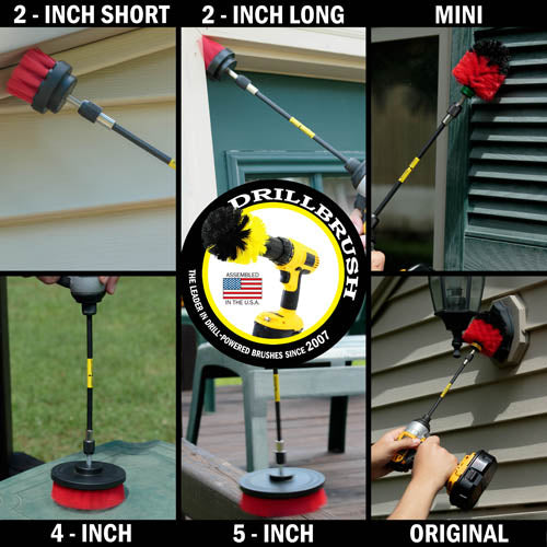 Action shots of a Stiff Red Original brush in a 7 inch extension cleaning an outdoor lighting fixture, a Stiff Red 2 inch Short brush in a 7 inch extension cleaning an overhang, a Stiff Red 2 inch Long brush in a 7 inch extension cleaning a door frame, a Stiff Red Mini brush in a 7 inch extension cleaning shutters, a Stiff Red 4 inch brush in a 7 inch extension cleaning a deck table, and a Stiff Red 5 inch brush in a 7 inch extension cleaning deck railing.
