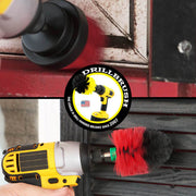 Action shots of a Stiff Red 2 inch Drillbrush cleaning a window frame and a Stiff Red Mini Drillbrush cleaning shutters.