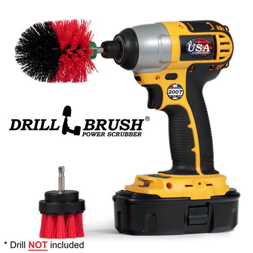 Drillbrush 2M Stiff Red Outdoor & Patio Brush Kit with a Mini brush in a cordless drill.