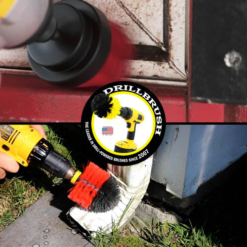 Action shots of a Stiff Red 2 inch Drillbrush cleaning a window frame and a Stiff Red Original Drillbrush cleaning a waterspout.