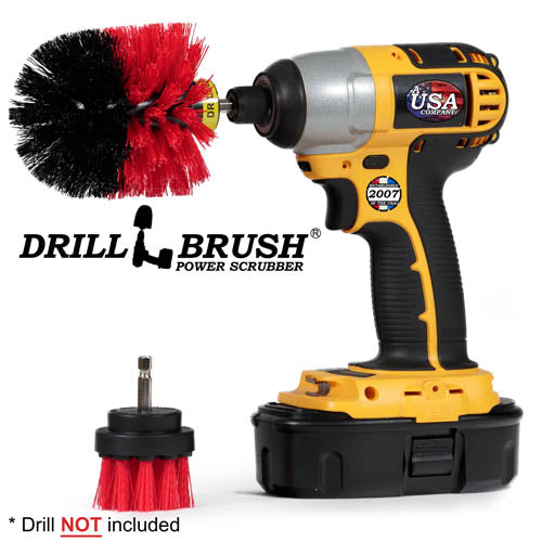 Drillbrush 2O Stiff Red Outdoor & Patio Brush Kit with an Original brush in a cordless drill.