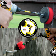 Action shots of a Stiff Red Mini brush in a 5 inch extension cleaning a gate handle and a Stiff Red 4 inch in a 5 inch extension cleaning a wooden railing.