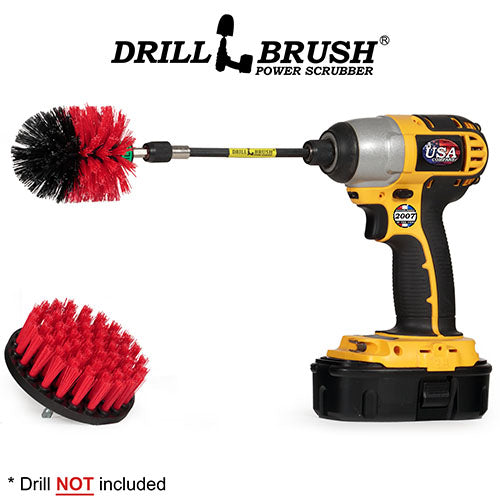 Mini & 4in Red Brushes w/5in Extension - Stiff Bristles - Outdoor & Patio Cleaning | R-S-4M-5X-QC-DB