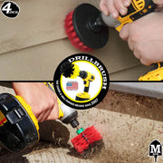 Action shots of a Stiff Red Mini Drillbrush cleaning deck steps and a Stiff Red 4 inch cleaning vinyl siding.