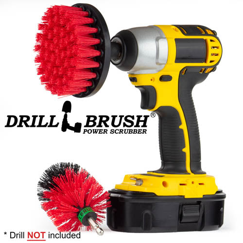 Drillbrush 4M Stiff Red Outdoor & Patio Brush Kit with a 4 inch brush in a cordless drill.