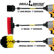 Images of the Drillbrush Ultra Stiff Black 2 inch Long, Medium Yellow Original, and Stiff Red 5 inch Variety Brushes in 7 inch extensions in cordless drills.