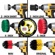 Images of the Drillbrush Soft White 2 inch Short, Ultra Stiff Black 2 inch Long, Medium Green 4 inch, Medium Yellow Original, and Stiff Red Mini and 5 inch Variety Brushes in cordless drills.