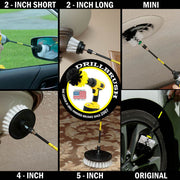 Action shots of a Soft White Original brush in a 7 inch extension cleaning rims, a Soft White 2 inch Short brush in a 7 inch extension cleaning a wall sconce, a Soft White 2 inch Long brush in a 7 inch extension cleaning a ceiling vent, a Soft White 4 inch brush in a 7 inch extension cleaning a ceiling light, and a Soft White  5 inch brush in a 7 inch extension cleaning carpet.