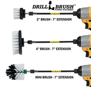 Images of the Drillbrush 2 inch Short, 4 inch, and Mini Soft White Home & Auto Brushes in 7 inch extensions in cordless drills.