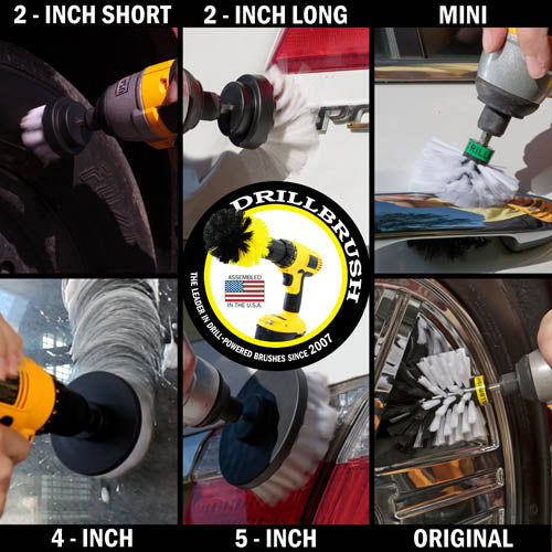 Action shots of a Soft White Original brush cleaning rims, a Soft White 2 inch Short Drillbrush cleaning a tire, a Soft White 2 inch Long Drillbrush cleaning car trim, a Soft White Mini Drillbrush cleaning a door handle, a Soft White 4 inch Drillbrush cleaning a window, and a Soft White 5 inch Drillbrush cleaning a tail light.