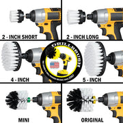 Images of the Drillbrush 2 inch Short, 2 inch Long, 4 inch, 5 inch, Mini, and Original Soft White Home & Auto Brushes in cordless drills.
