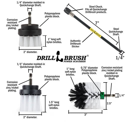 Specs for the Drillbrush 2 inch Short, 2 inch Long, and Mini Soft White Home & Auto Brushes, as well as a 7 inch extension.