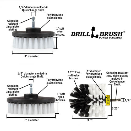 Specs for the Drillbrush 4 inch, 5 inch, and Original Soft White Home & Auto Brushes.