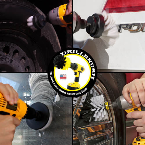 Action shots of a Soft White Original brush cleaning rims, a Soft White 2 inch Short Drillbrush cleaning a tire, a Soft White 4 inch Drillbrush cleaning a window, and a Soft White 2 inch Long Drillbrush cleaning car trim.