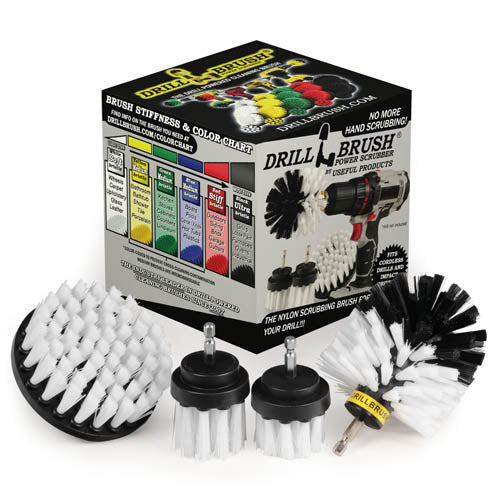The Drillbrush 42OS-2L Soft White Home & Auto Brush Kit in front of the box it comes in.