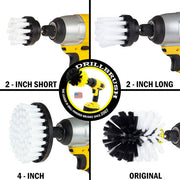Images of the Drillbrush 2 inch Short, 2 inch 4 inch, and Original Soft White Home & Auto Brushes in cordless drills.