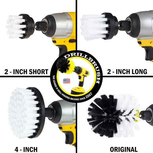 Images of the Drillbrush 2 inch Short, 2 inch 4 inch, and Original Soft White Home & Auto Brushes in cordless drills.