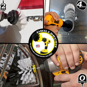 Action shots of a Soft White Original brush cleaning rims, a Soft White 2 inch Long Drillbrush cleaning trim on a sedan, and a Soft White 4 inch Drillbrush cleaning a window.