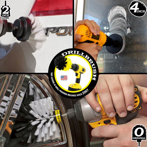 Action shots of a Soft White Original brush cleaning rims, a Soft White 2 inch Long Drillbrush cleaning trim on a sedan, and a Soft White 4 inch Drillbrush cleaning a window.