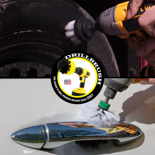 Action shots of a Soft White 2 inch Drillbrush cleaning a tire and a Soft White Mini Drillbrush cleaning a door handle.