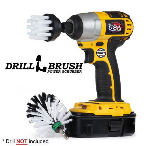 Drillbrush 2M Soft White Home & Auto Brush Kit with a 2 inch brush in a cordless drill.