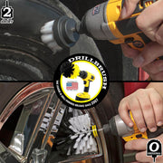 Action shots of a Soft White 2 inch Drillbrush cleaning a tire and a Soft White Original Drillbrush cleaning rims.