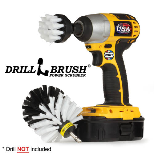 Drillbrush 2O Soft White Home & Auto Brush Kit with a 2 inch brush in a cordless drill.