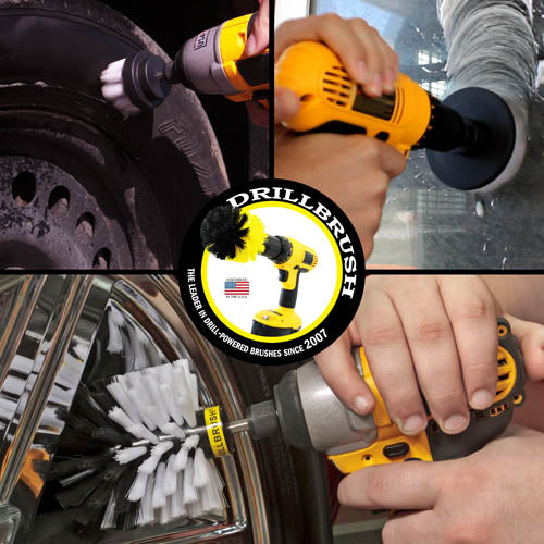 Action shots of a Soft White Original brush cleaning rims, a Soft White 2 inch Short Drillbrush cleaning a tire, and a Soft White 4 inch Drillbrush cleaning a window.